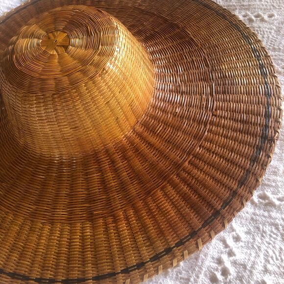 Vintage Handwoven Rattan Wide Brim Conical Sun Hat 5in Boho Basket Weave - Picture 1 of 8